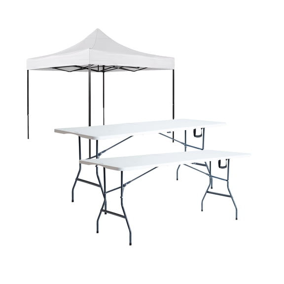 Combo Toldo Padua Blanco Impermeable 3x3 con Dos Mesas Plegables Blancas 1.8 metros Tipo Portafolio LOOMBER