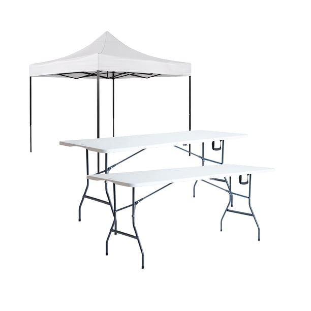 Combo Toldo Padua Blanco Impermeable 3x3 con Dos Mesas Plegables Blancas 1.8 metros Tipo Portafolio LOOMBER