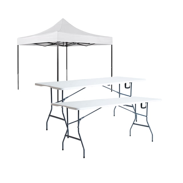 Combo Toldo Padua Blanco Impermeable 3x3 con Dos Mesas Plegables Blancas 1.8 metros Tipo Portafolio LOOMBER