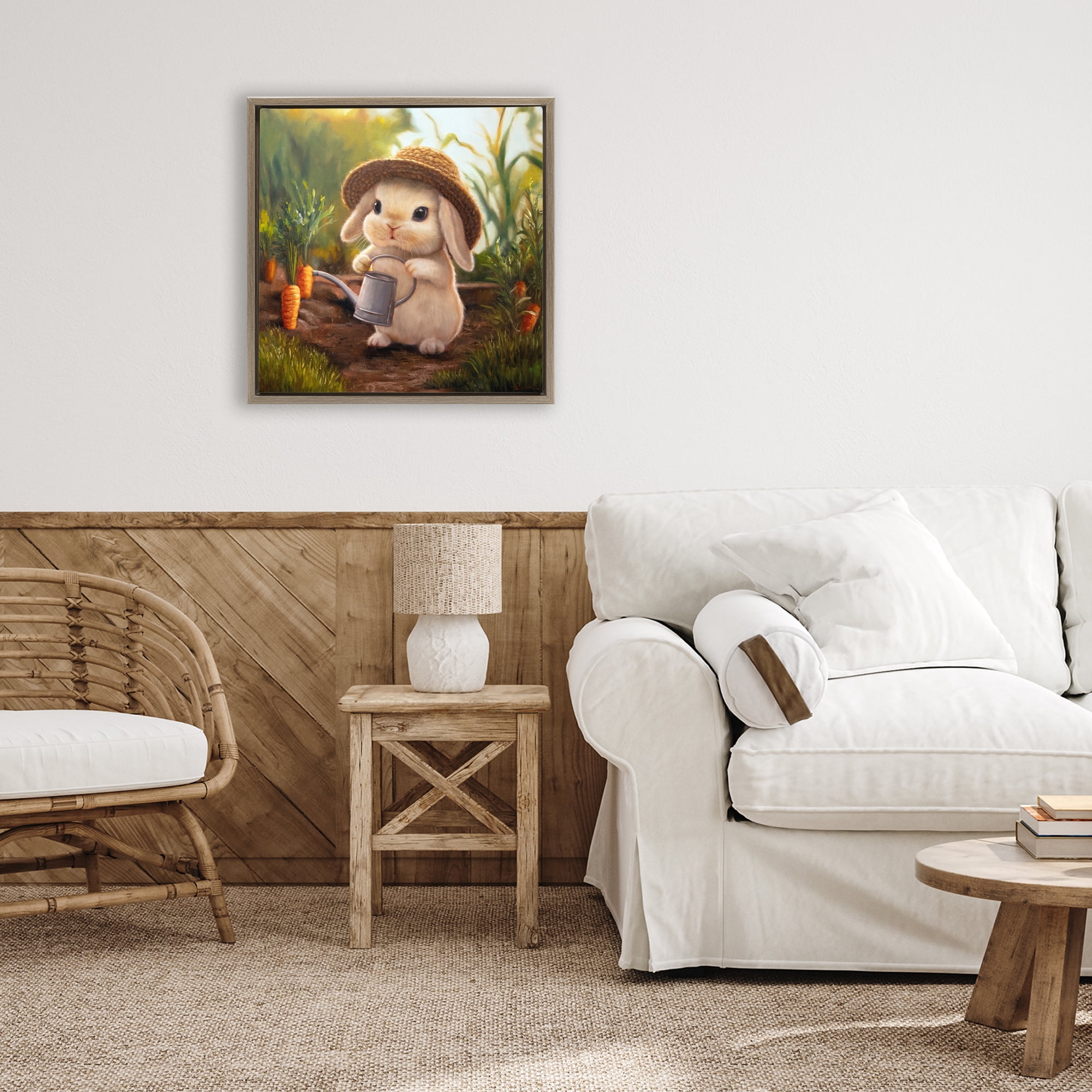 Stupell Industries Bunny with Carrot Garden Brown Framed Floater Canvas Wall Art, design by Lucia Heffernan