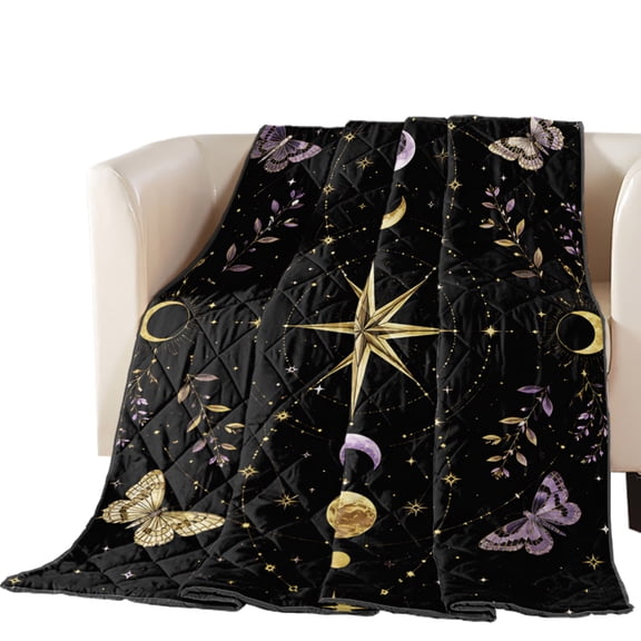 Crescent Moons Quilted Comforters Cooling Blanket Queen Size, Yellow Purple Flying MothsAstrology Celestial Cold Comfort for Hot Sleepers Lightweight Air Conditioning Quilt Blanket for Bed