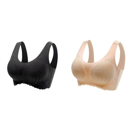Lojoutye 2 Pack(Black 1PCS & Khaki 1PCS) Multipack Sports Bras Pack for Women Women s No Steel Ring Underwear Gathering Sleep Bra Latex Underwear Traceless Back Heart Bar