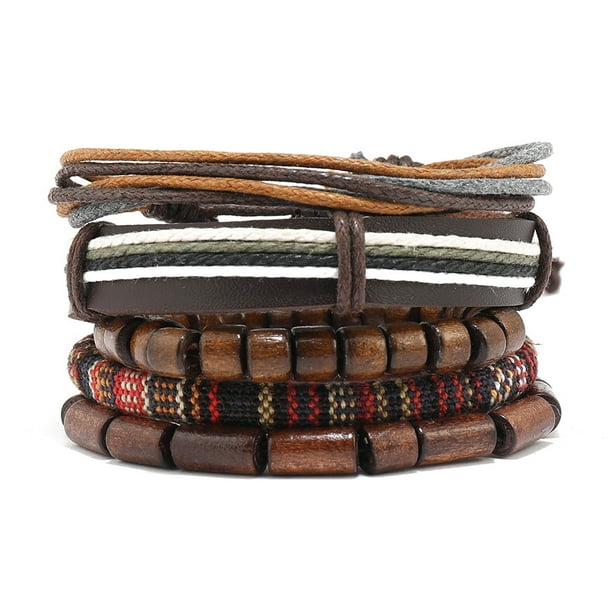 5 uds hombres mujeres, cordones de cáñamo cuentas de madera pulseras tribales étnicas, pulseras de cuero-pulsera de cordón tribal étnico con cuentas de madera cáñamo