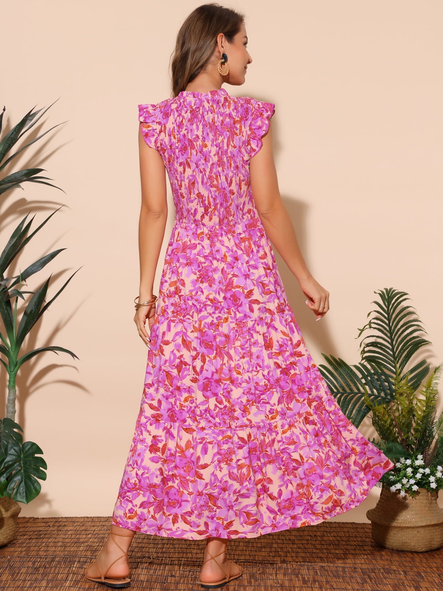 DARING DIVA V Neck Smocked Ruffle Tiered Maxi Dress L Hot Pink