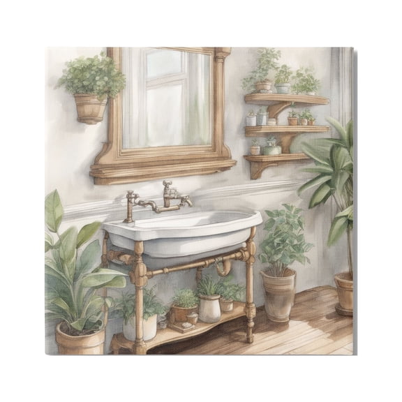 Stupell Industries Bathroom View with Plants Botanical & Floral Painting Gallery Wrapped Canvas Art Print Wall Art, 17 x 17