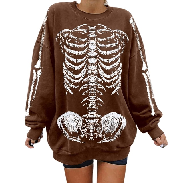 HUITKMM Chandail pour Femmes Unisexe Mode Imprimé Design Squelette Surdimensionné Longline Sans Capuche Col Rond pour et Mode Urbaine Décontracté