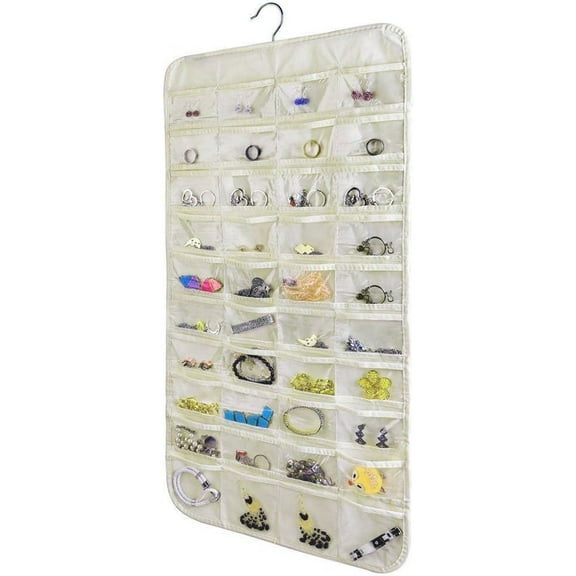 OFEFE 1-Pack Hanging Jewelry Organizer,Accessories Organizer,80 Pocket Organizer for Holding Jewelries Earring Necklace Bracelet Ring and more（Beige）