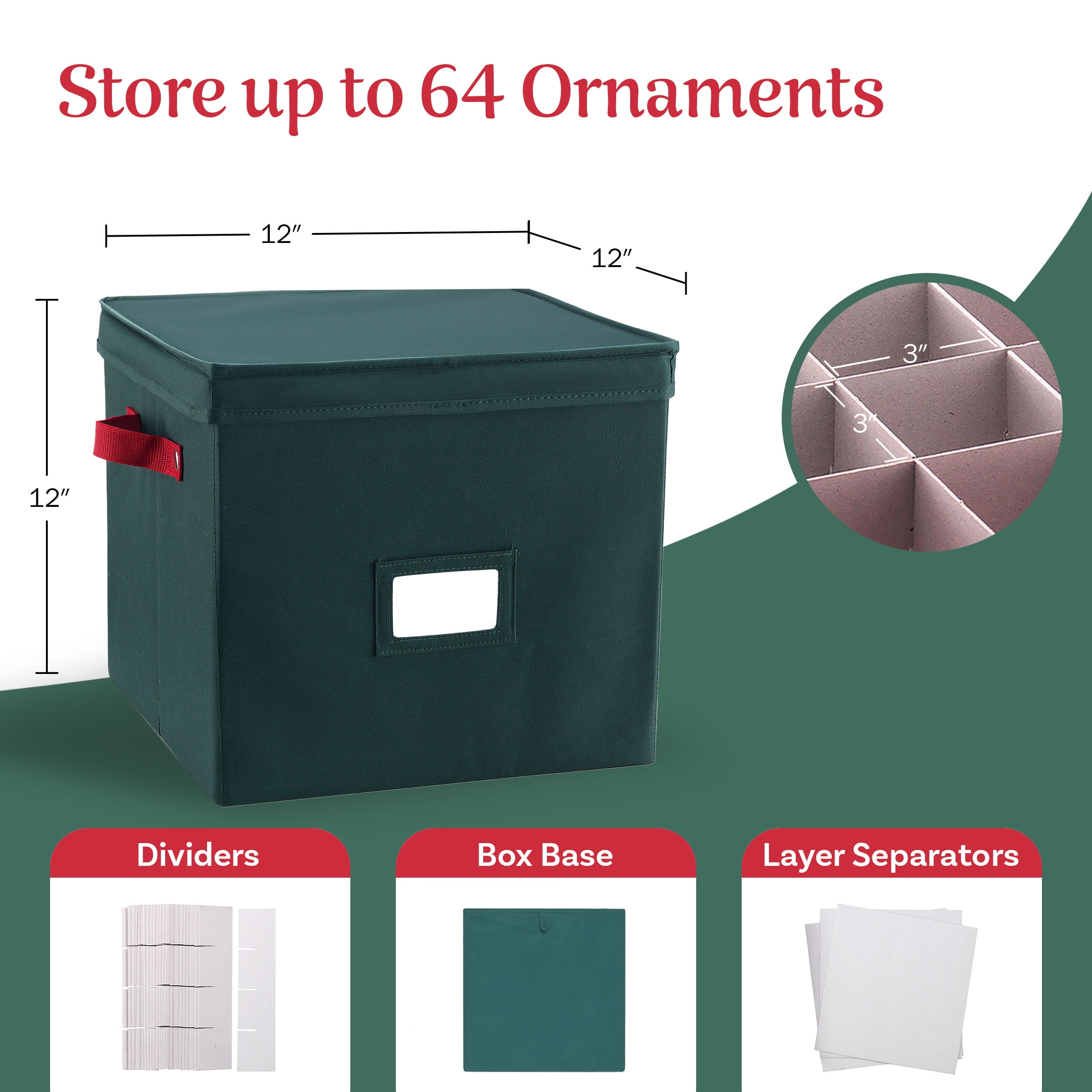 Elf Stor 64-Compartment Ornament Storage Box - Holiday Organizer (Green)