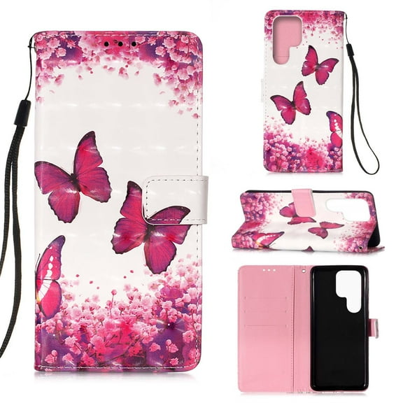 SaniMore for Samsung Galaxy S22 Ultra 6.8" Magnetic Flip Wallet Case, PU Leather Case with Card Slot & Kickstand Wrist Strap Shockproof Protective Case for Men Ladies, Butterfly