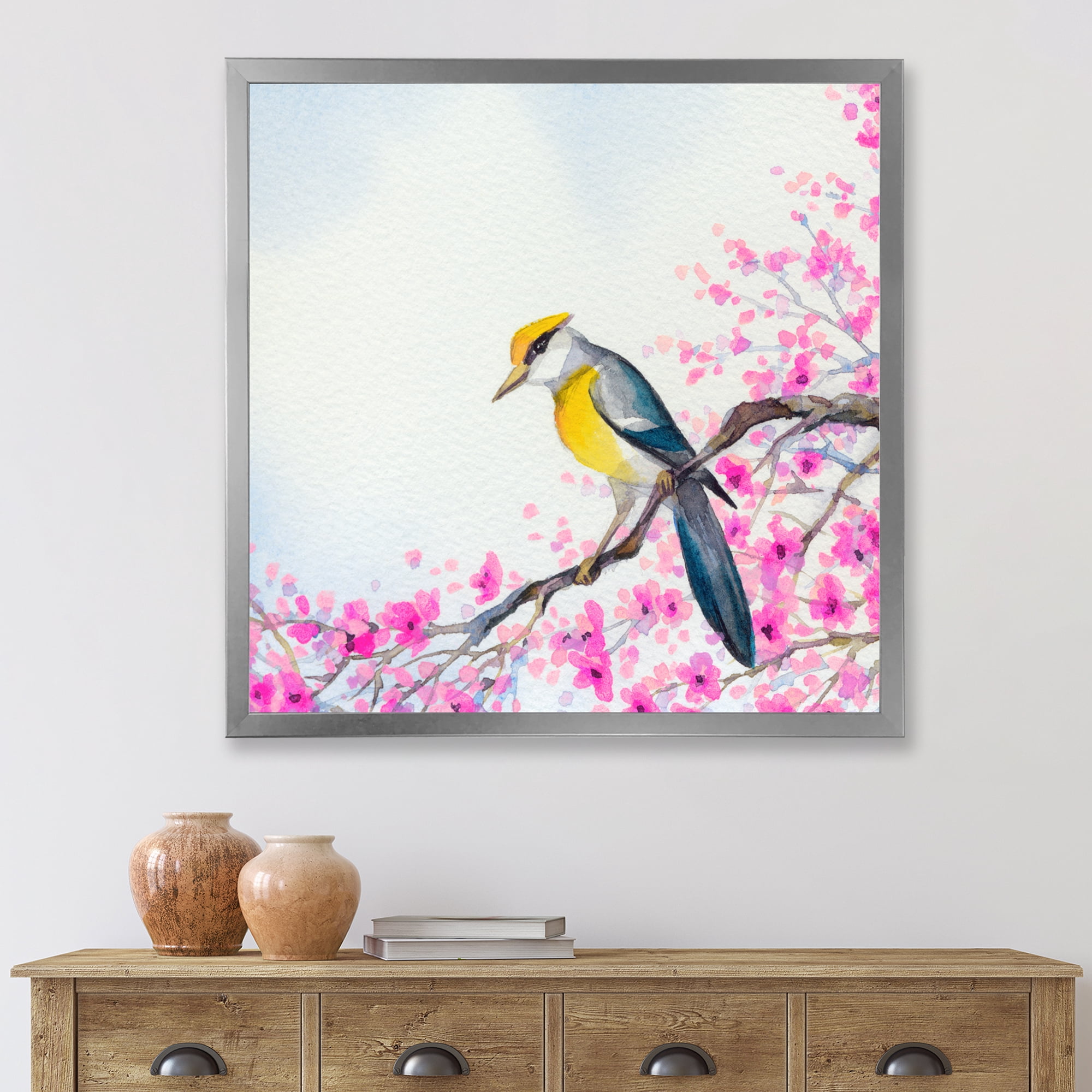 Beautiful Bird Sitting On Flowering Branch 16 in x 16 in Framed Painting Canvas Art Print, by Designart