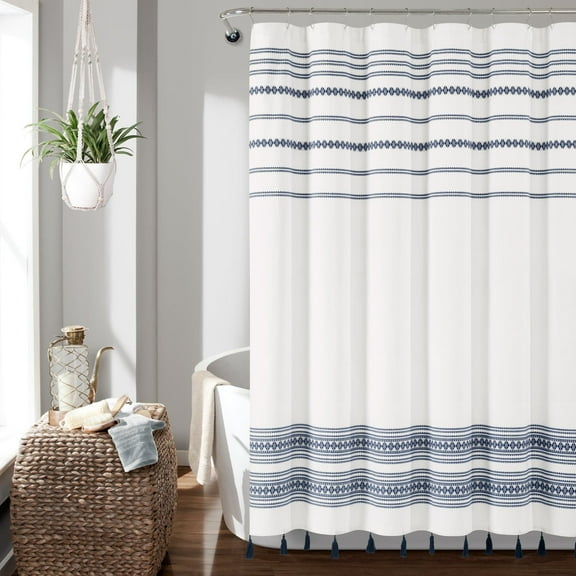 Breezy Chic Tassel Jacquard Eco-Friendly Recycled Cotton Shower Curtain Navy Single 72X72