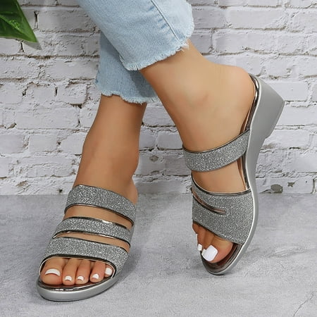 

Homadles Women Casual Wedge Sandals- Middle Heel Thick Sole Sandals Silver Size 7