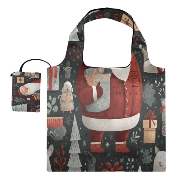 Large Capacity Print Tote Bag,Lightweight Portable Foldable Shopping Bag Santa Claus Holding Gifts