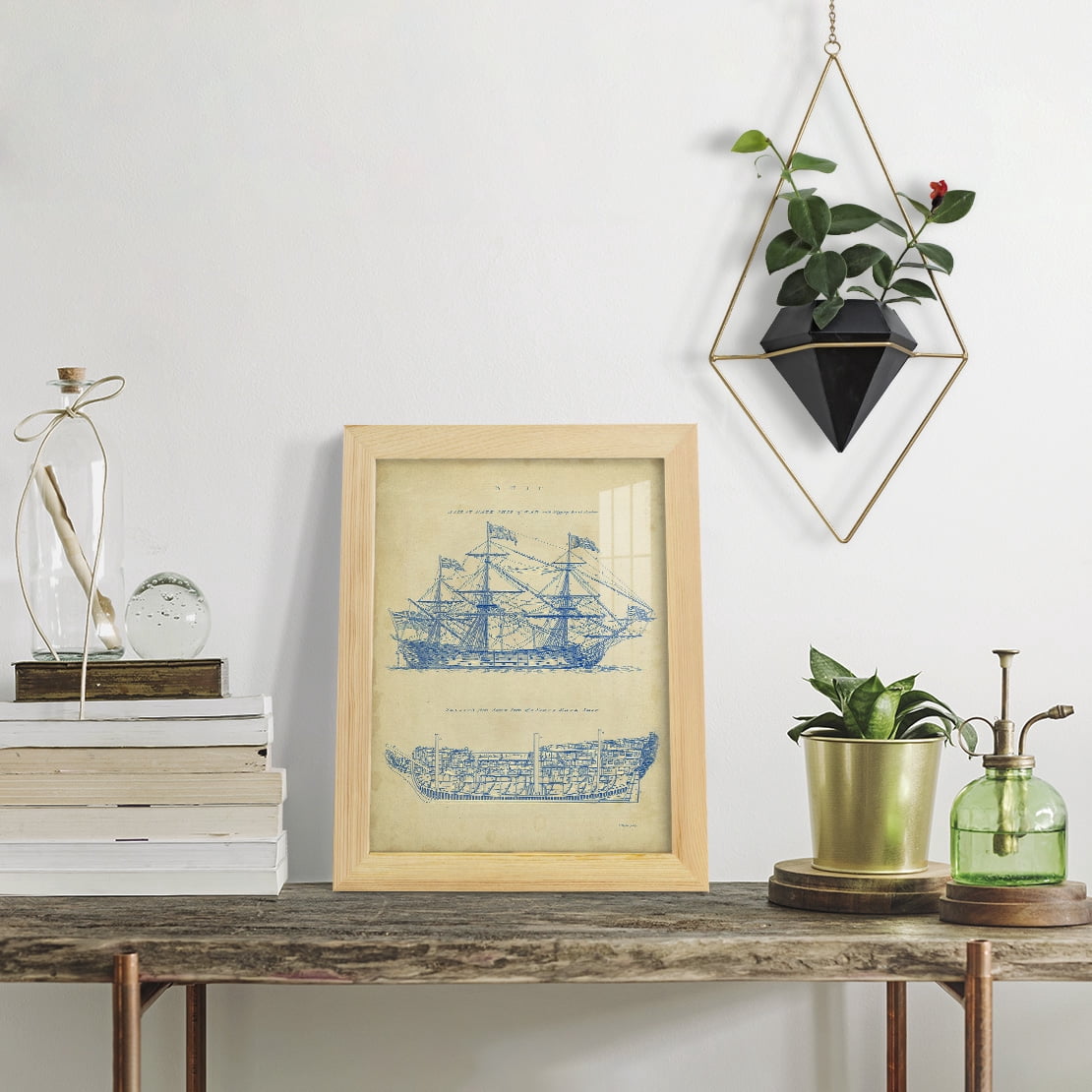 Vintage Ship Blueprint -Framed Print w/glass-Natural Wood