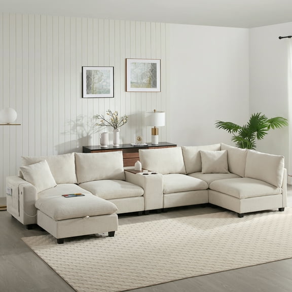 Harper & Bright Designs Modular Sectional Sofa Set with 2 Ottoman and Cup Holder, 4-Seat U-Shaped Couch with Console and Wide Seat, Oversized Chenille Upholstered Sectional Sofe with USB, Beige