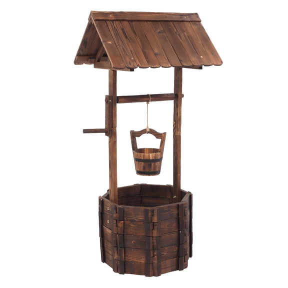 Outdoor Wishing Well Planter, Rustic Decorative Flower Beds with Protective Roof for Herbs, Veggies and Flower, Indoor Outdoor Standing Plants Flowerpot for Front Yard/Ornaments, SS2433