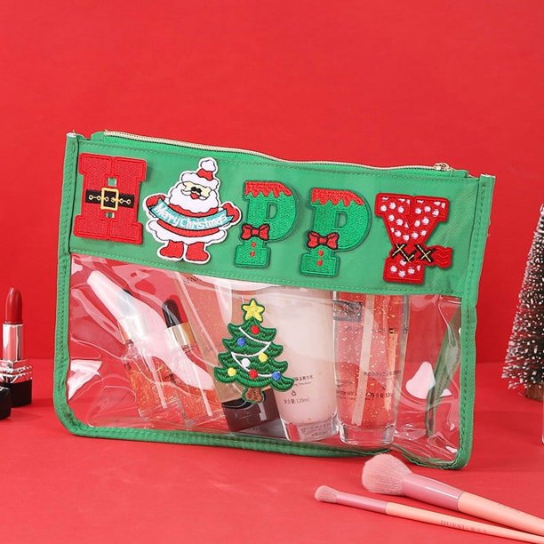 Juego de neceseres navideños transparentes - Organizador de artículos de tocador de viaje con bordado festivo de Papá Noel y árbol Un neceser de maquillaje