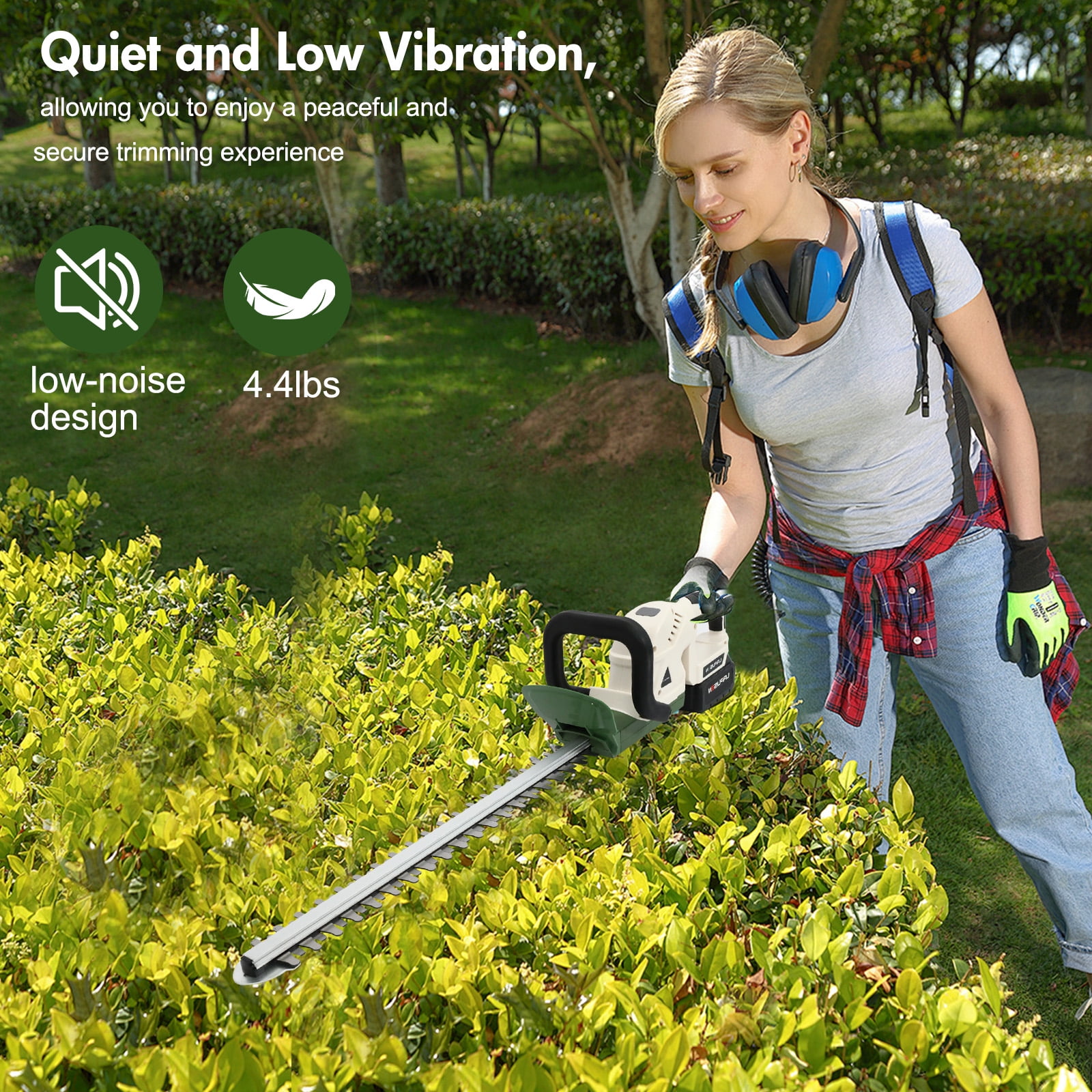 TOPZOO 21V Cordless Rotary Trimmer, 20" Dual-Action Blade Electric Hedge Trimmer, Handheld Shrub Trimmer with 3.0Ah Battery and Fast Charger