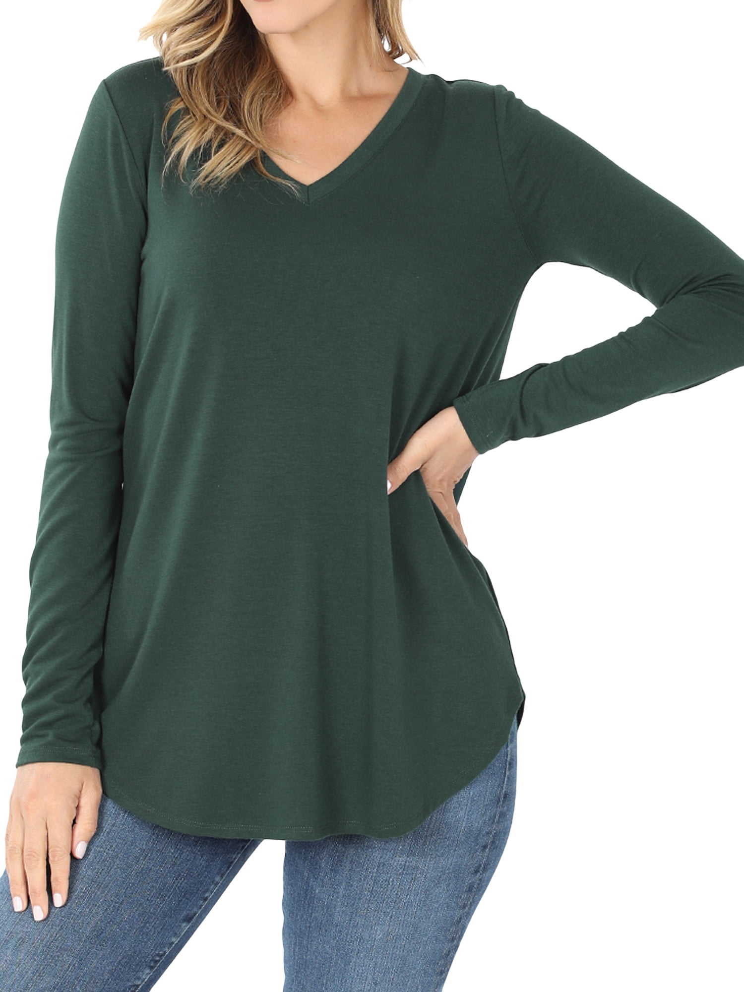 Women & Plus(S-3X) Relaxed Fit Long Sleeve V-Neck Round Hem Jersey Tee ...