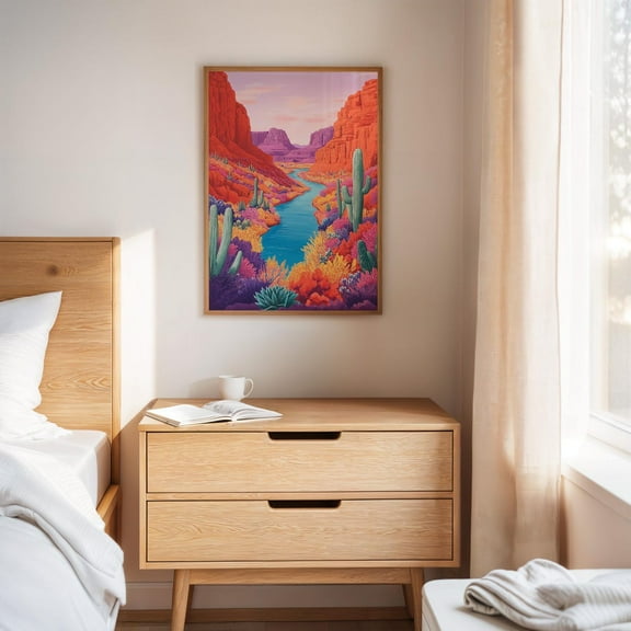 Colorful Desert Canyon River Vibrant Southwest Cactus Landscape Bold Western Nature Artwork Print Wall Art, Modern Wall Decor, 8x12 UNFRAMED