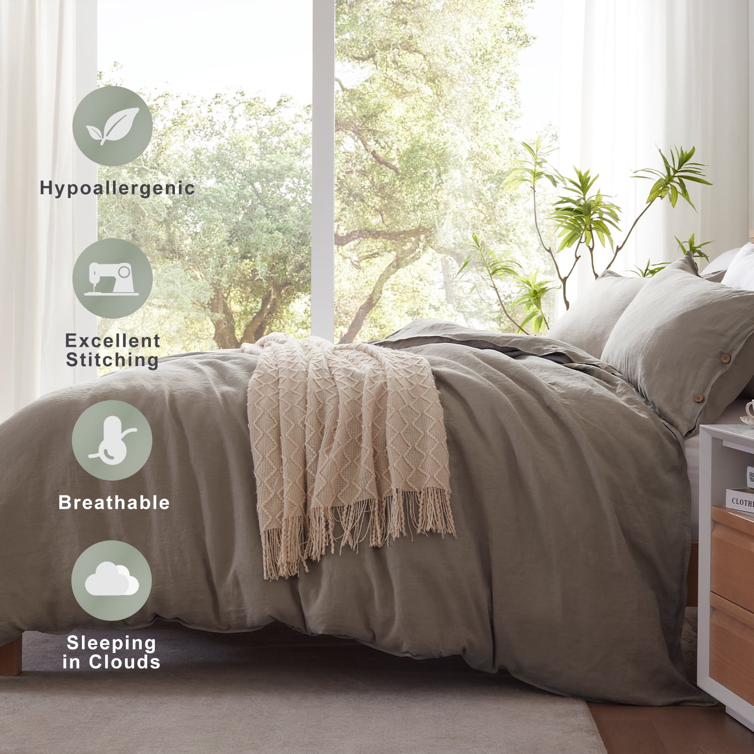 TOSMO 100% Linen Duvet Cover Set with Button Closure, 2 Pieces (1 Duvet Cover with 1 Pillowcases), Soft Breathable Durable Farmhouse Bedding