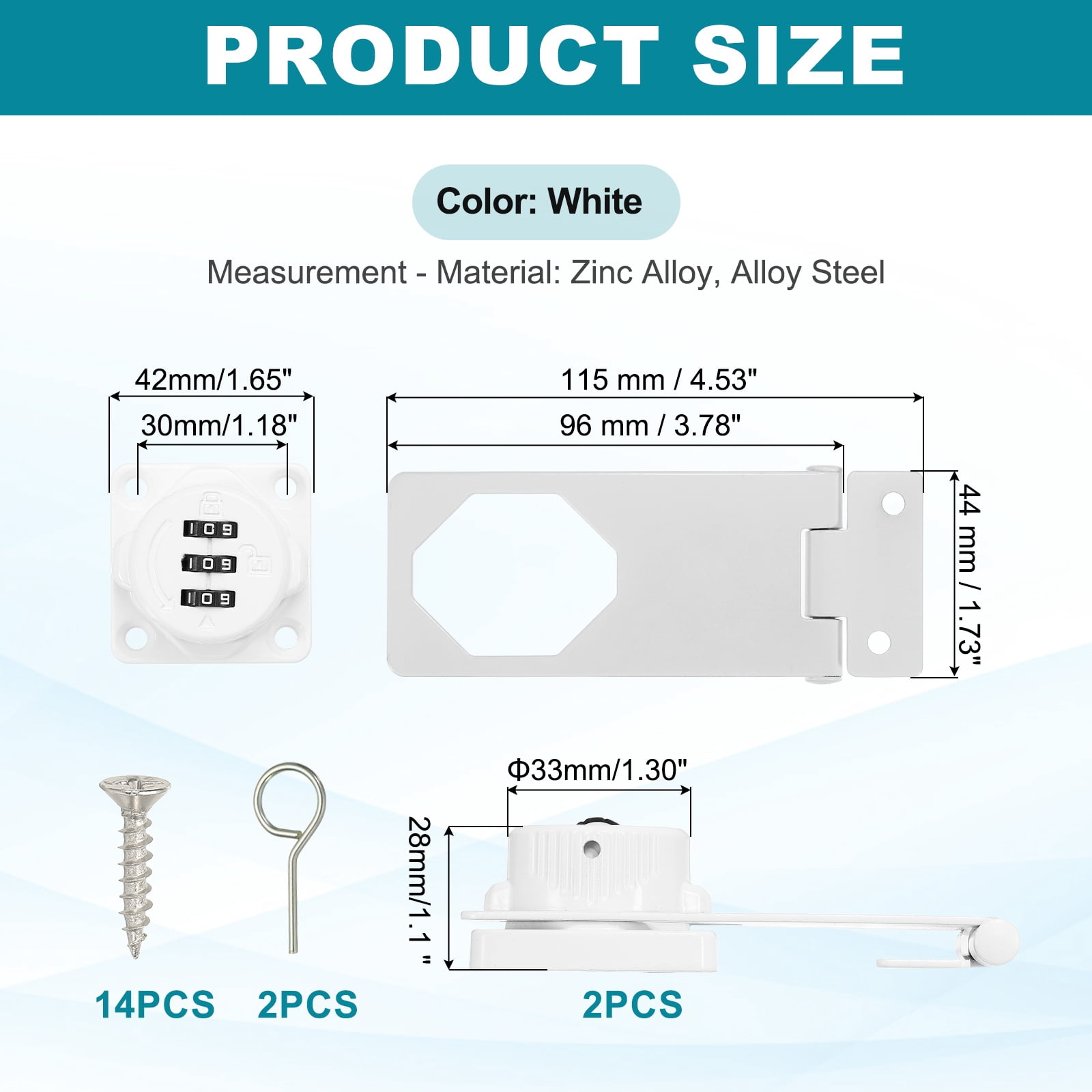 Uxcell Password Rotary Hasp Lock (4", White) (2 Pcs), Keyless 3-Digit Cabinet Locks with Combination Security Slide Latch, Suit For- Door/Closet/Barn/Bathroom/Outdoor/Garden