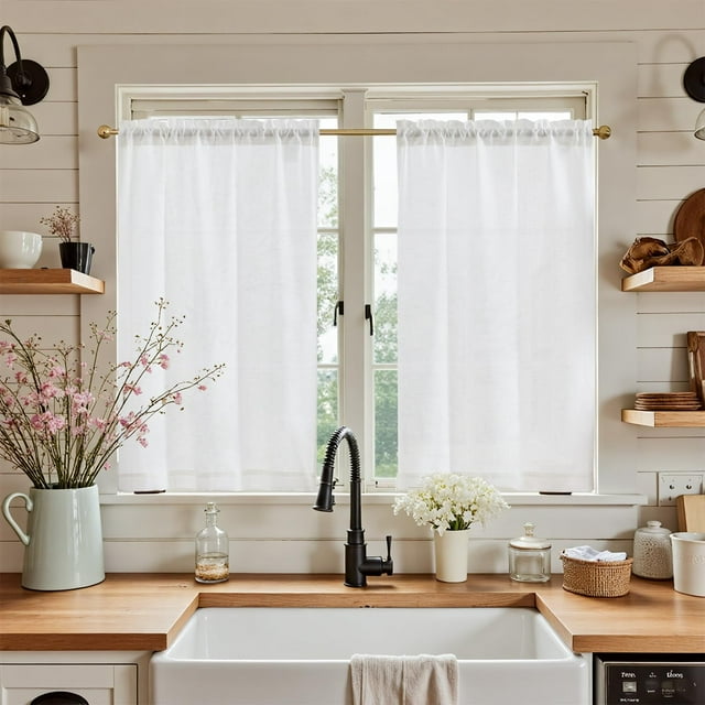 Cortinas Jinchan de Lino para Cocina 66x114 cm Blanco 2 Paneles