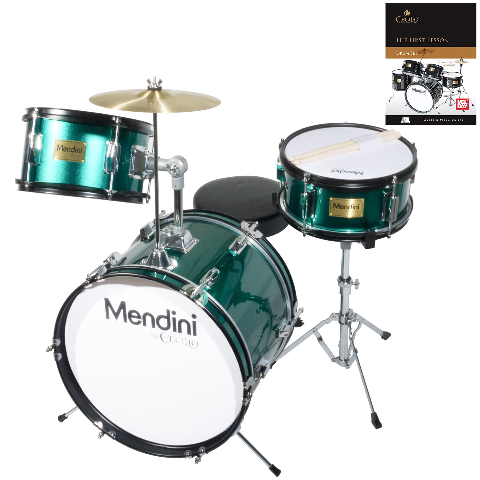 Mendini by Cecilio 16 inch 3-Piece Kids/Junior Drum Set with Adjustable Throne Cymbal Metallic Silver MJDS-3-SR Pedal & Drumsticks 