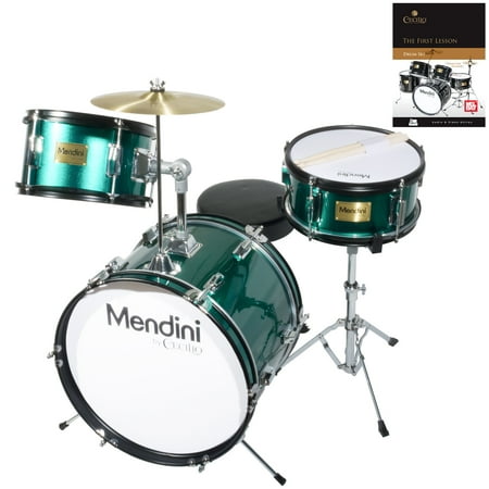 Mendini by Cecilio 16" 3-Piece Kids / Junior Drum Set with Adjustable Throne, Cymbal, Pedal, Drumsticks & Lesson Book, Metallic Green, MJDS-3-GN