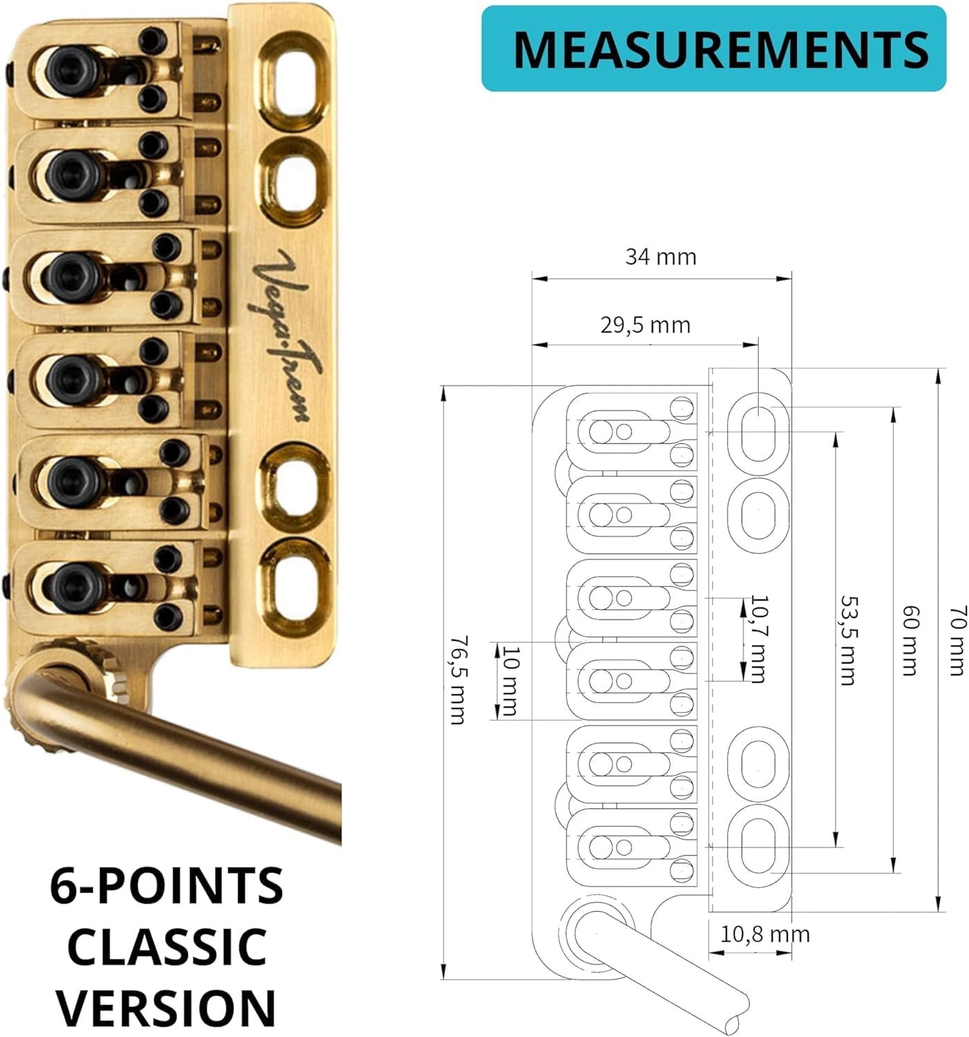 Vega-Trem VT1 Special Standard 6-Screw Stratocaster Guitar Tremolo Bridge For Strat No Mods Easy Installation Gold, Right