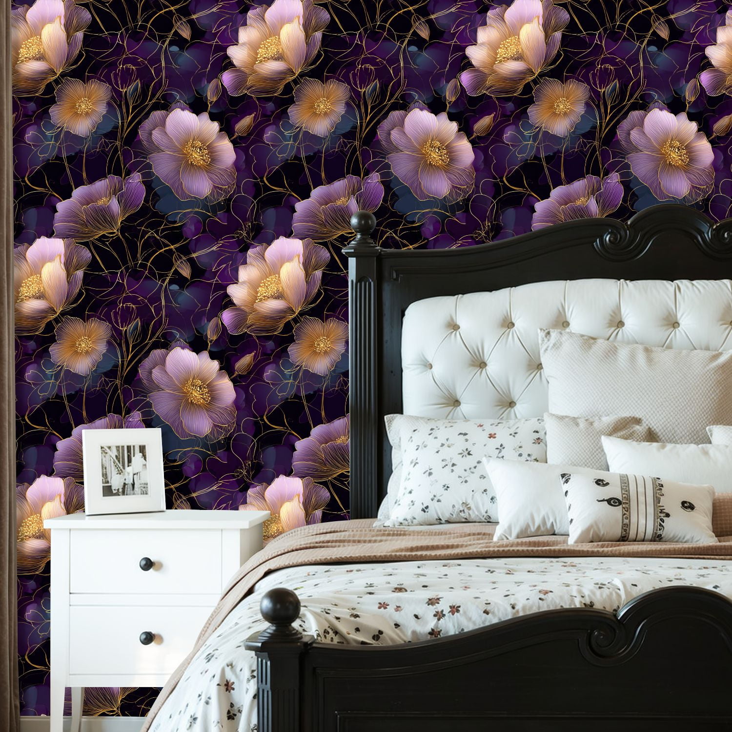 Peel and Stick Wallpaper Elegant Floral Purple Gold Flowers Dark Wall Mural 23.6in x 9.8ft Self Adhesive Removable Wall Paper Renter Friendly Wallpaper for Nursery Bedroom Cabinets