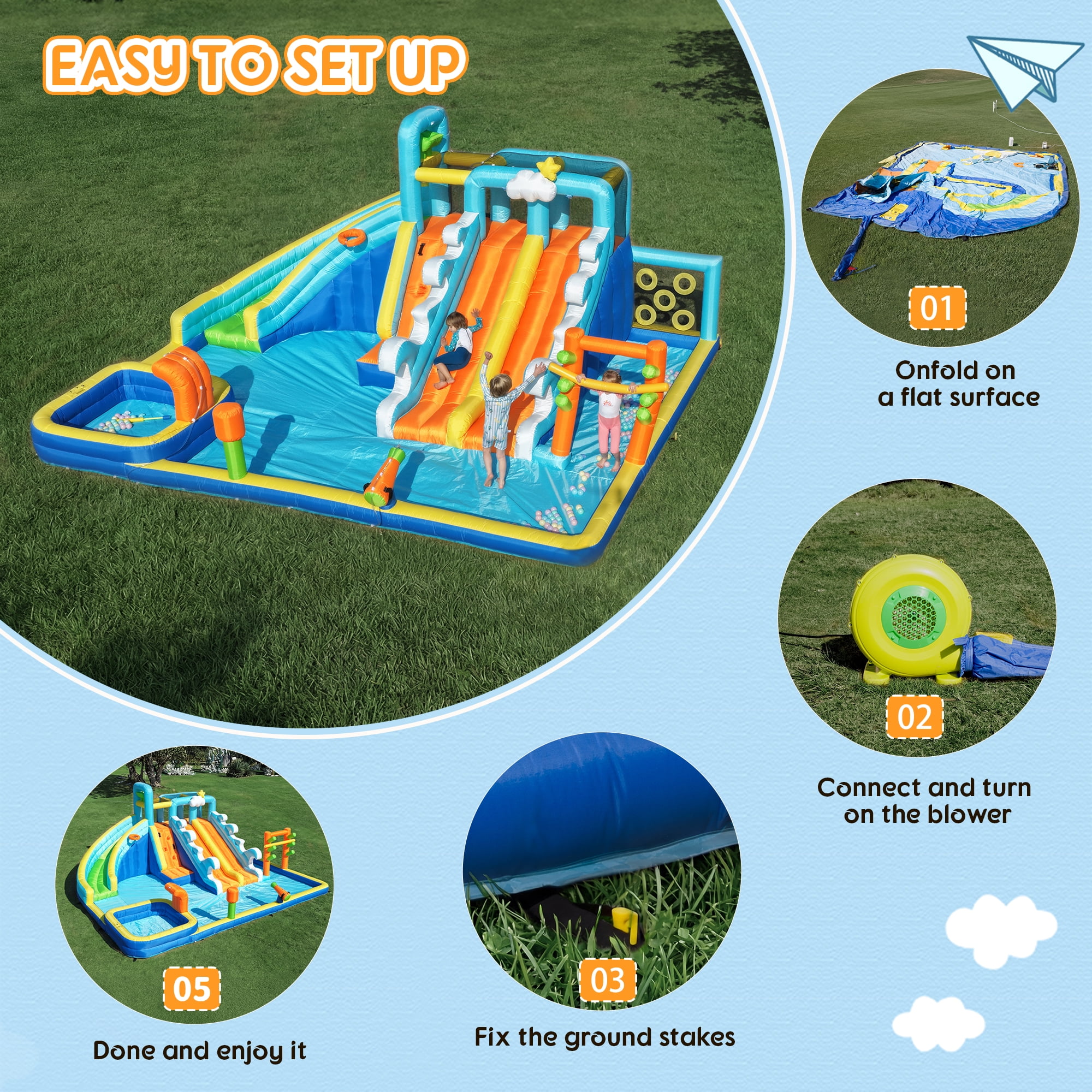 SaveJoy Giant 10-in-1 Inflatable Water Slide Bounce House, 207‘’x185‘’x87‘’ Water Park with 750W Blower,  Backyard Toys for Kids Ages 3-8, Indoor & Outdoor Use