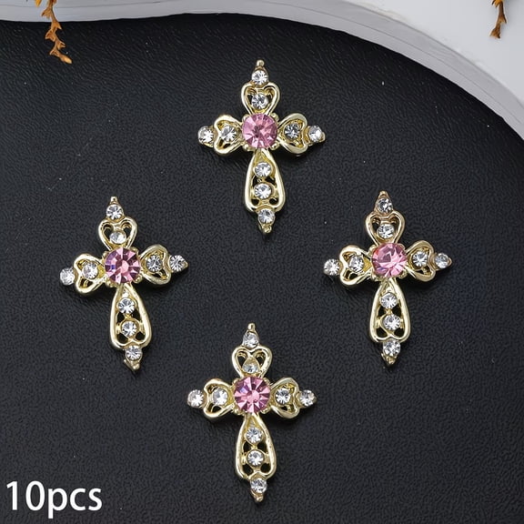 Set of 10 Vintage Gold Diamond Cross Nail Charms - Elegant Nail Art Accessories for Women