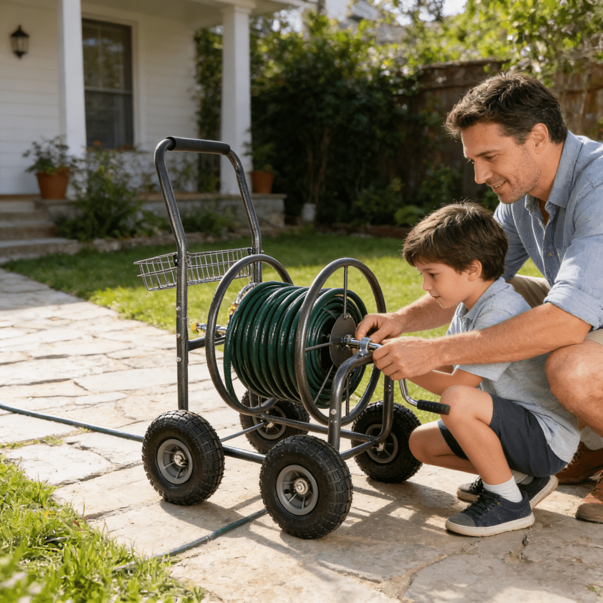 Garden Hose Reel Cart - 4 Wheels Portable Garden Hose Reel Cart with Storage Basket Rust Resistant Heavy Duty Water Hose Holder
