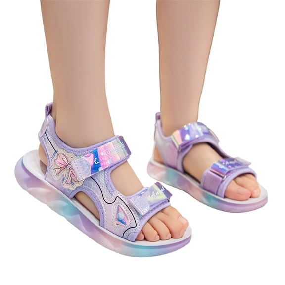 GiLiling Girls Open-Toe Sports Sandals, Iridescent PVC Butterfly Design Dual Adjustable Hook-and-Loop Straps, Princess Outdoor Beach Sandals (Purple, 9-9.5 Years)