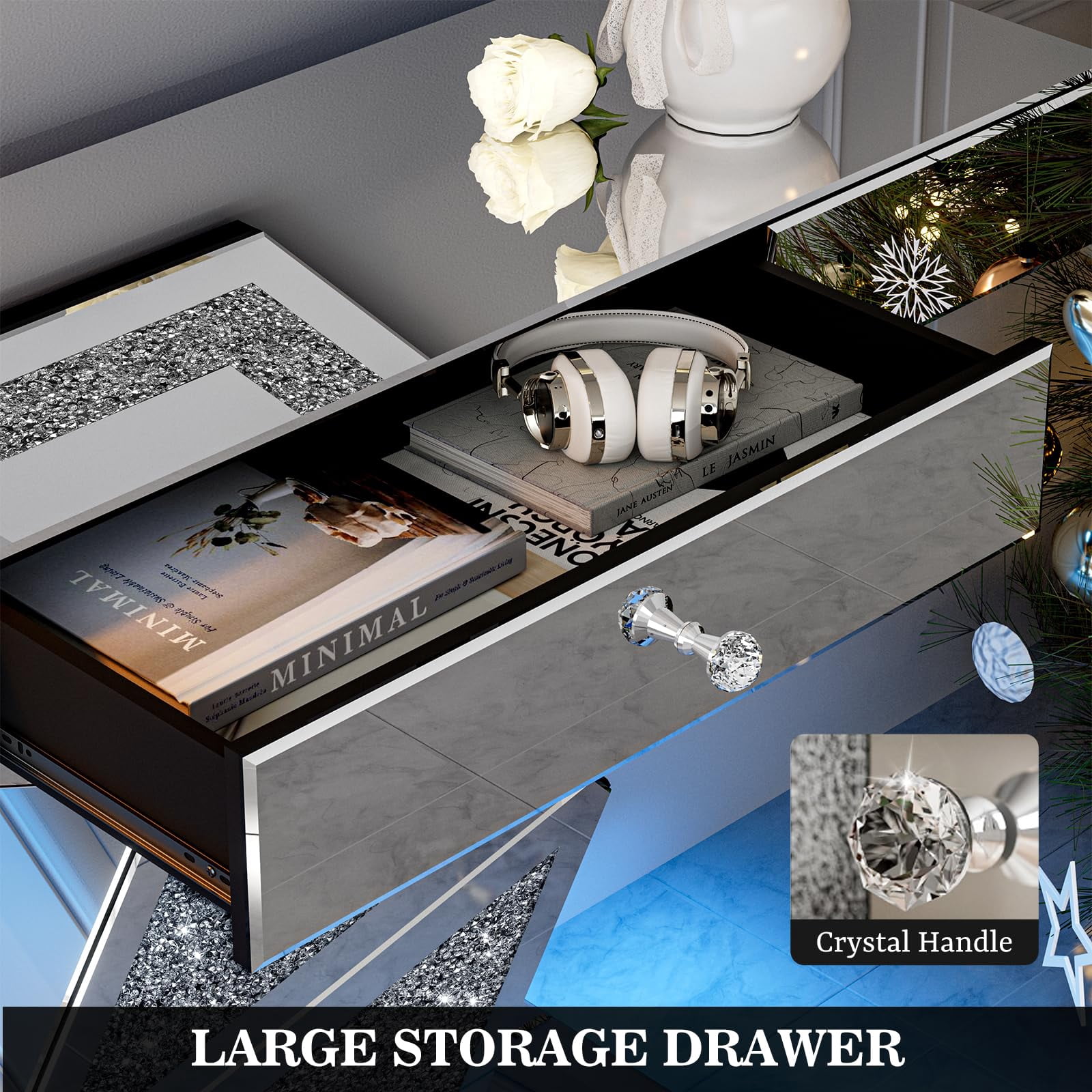 ARICOEASY Modern Mirrored Console Table with Large Drawer for Living Room, Hallway, Foyer, Entrance