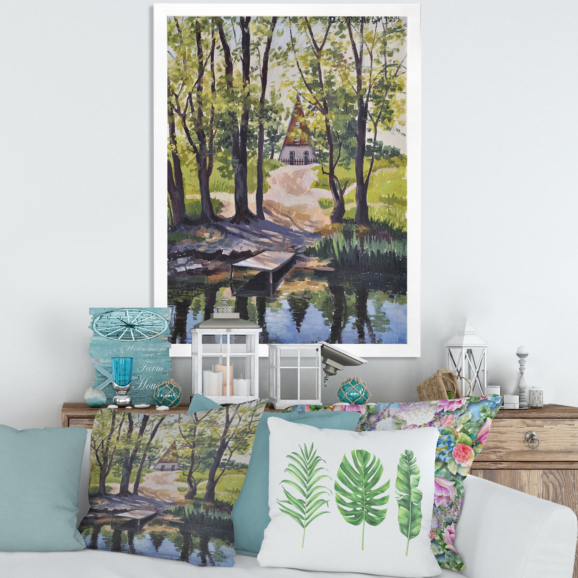 Designart 'Mysterious Countryside House By The River In The Woods' Lake House Framed Art Print