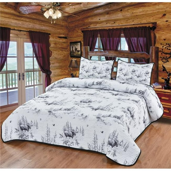 De Leon Collections 66105 Lodge Toile Moose & Bear Woodland Forest Animal Sketch Print Quilt Bedding Set Queen Quilt   2 Pillow Shams