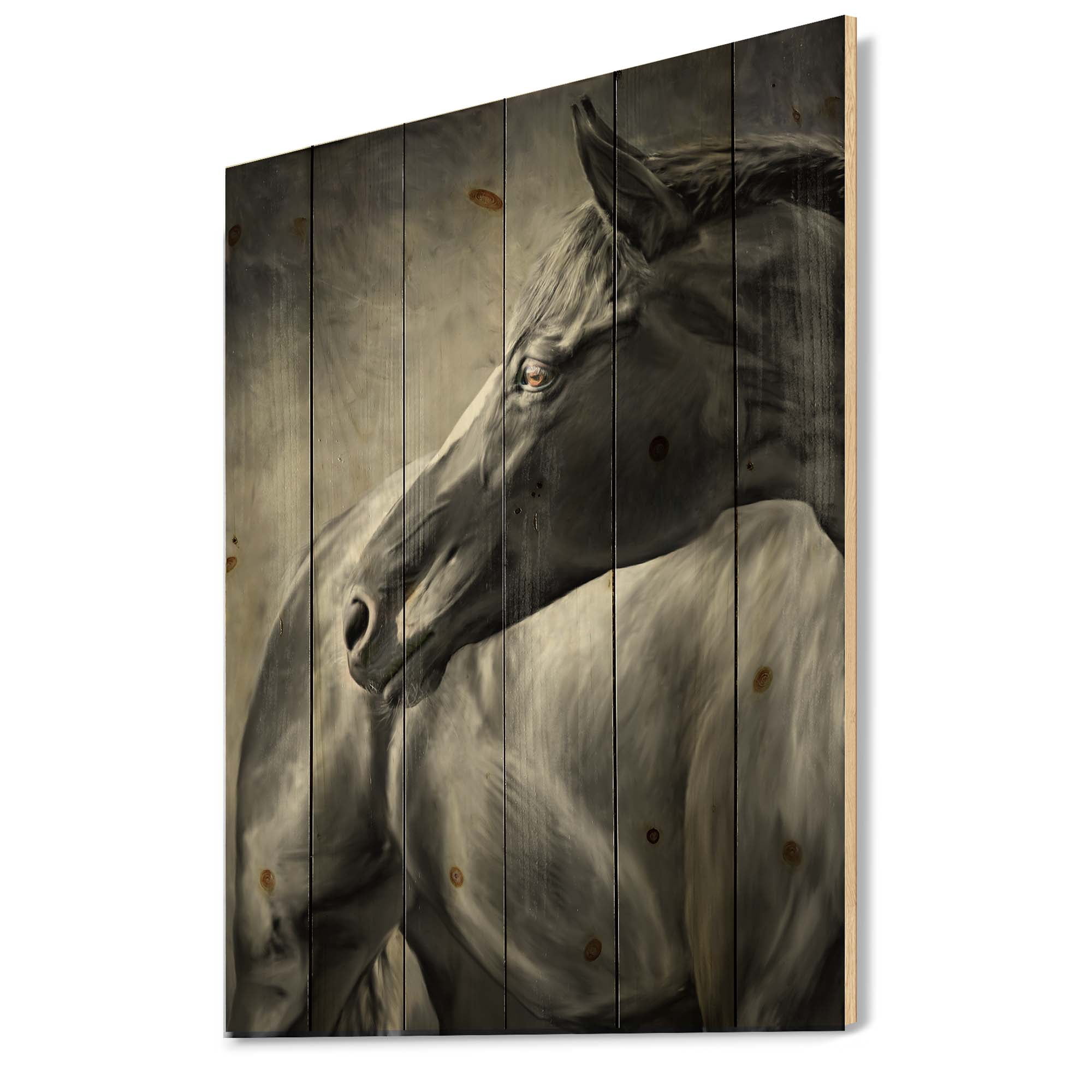 Designart 'Close Up Of A Black Horse' Farmhouse Print on Natural Pine Wood