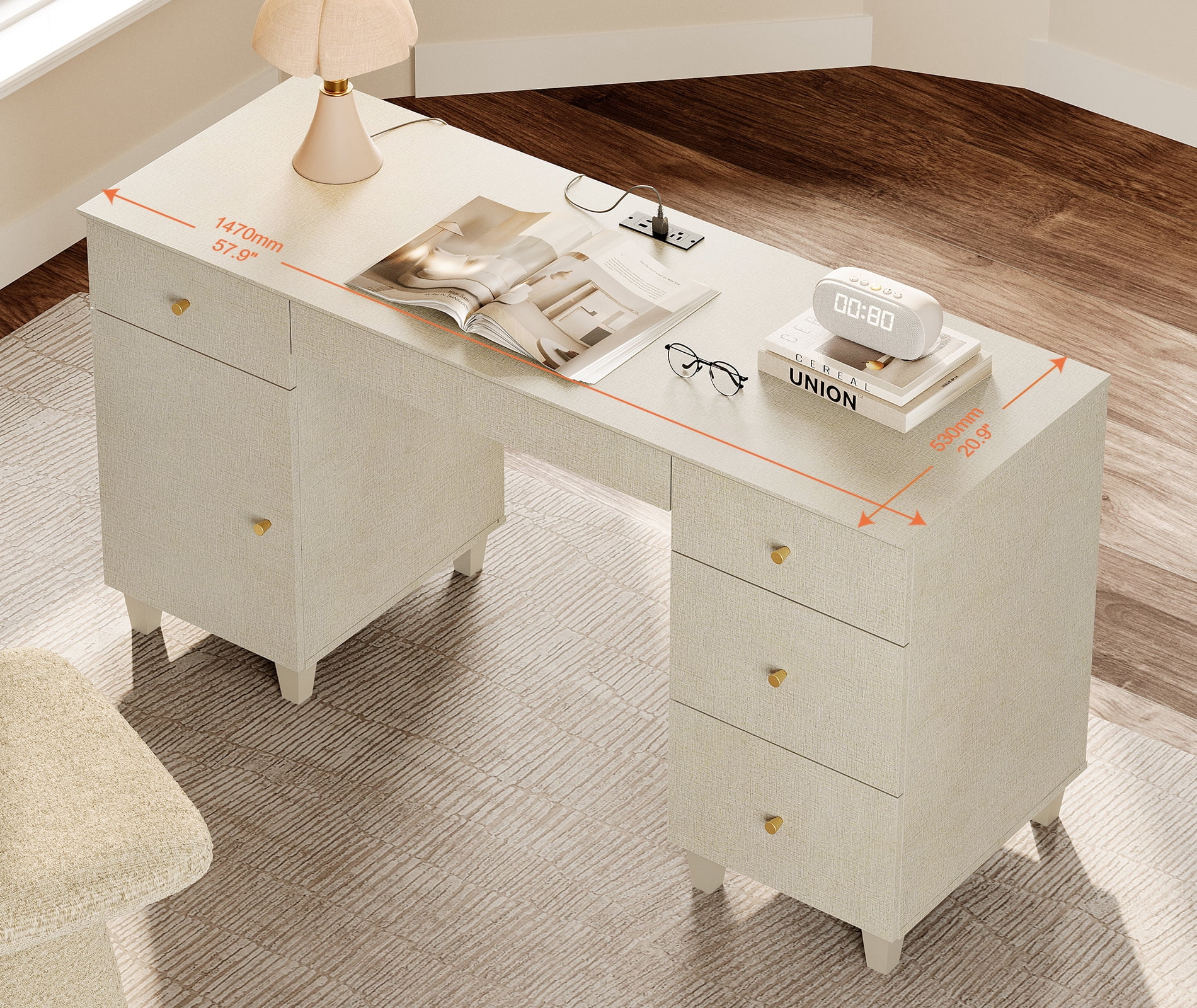 WAMPAT 58" Executive Desk with 5 Drawers and 1 Door, Modern Farmhouse Home Office Computer Table with Charging Station, Beige