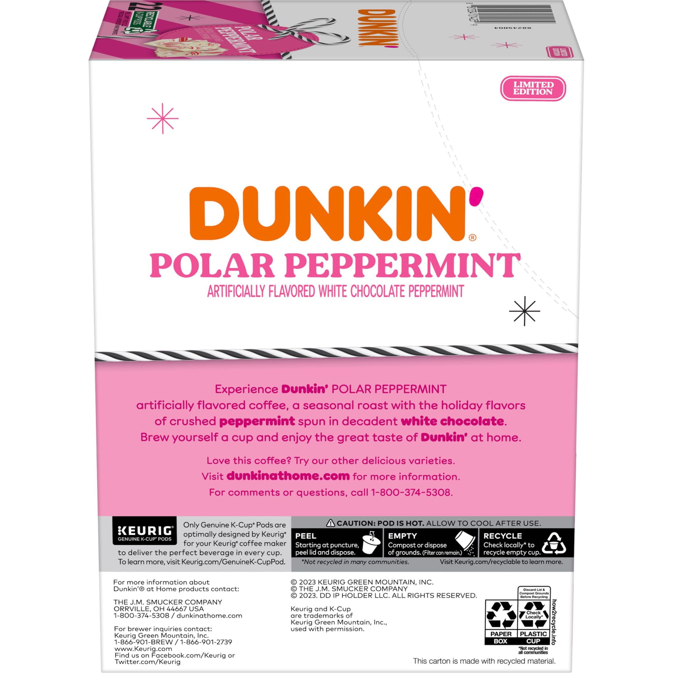 Dunkin’ Polar Peppermint Artificially Flavored Coffee, Keurig K Cup Pods, 22 Count Box