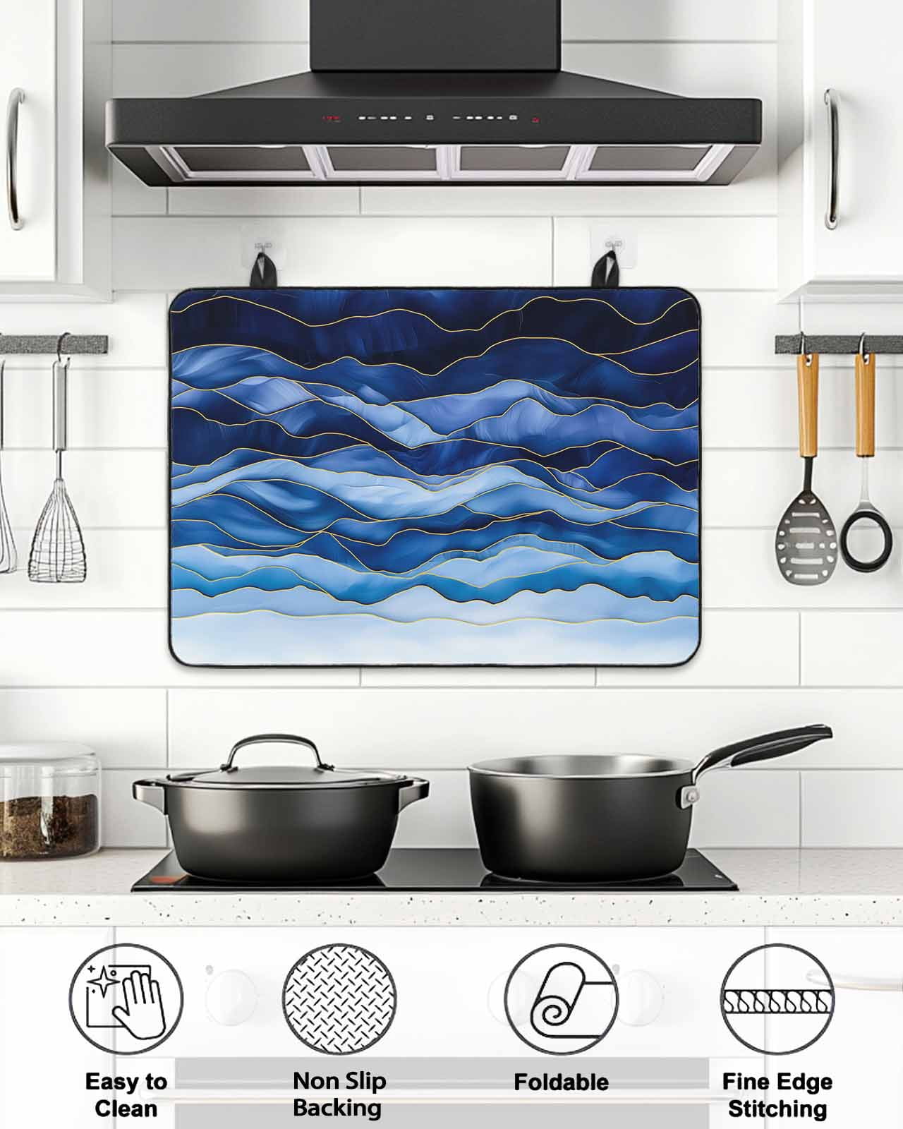 Stove Top Covers for Electric Stove, Navy Blue Ombre Glass Stovetop Cover Protector, Modern Moire Abstract Art Luxury Induction Cooktop Protector Oven Mat for Kitchen Countertop 31"x24"