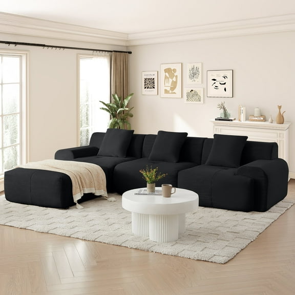 Muumblus 113" L-Shaped Modular Sectional Sofa, Oversized Corduroy Cloud Couch for Living Room, Black