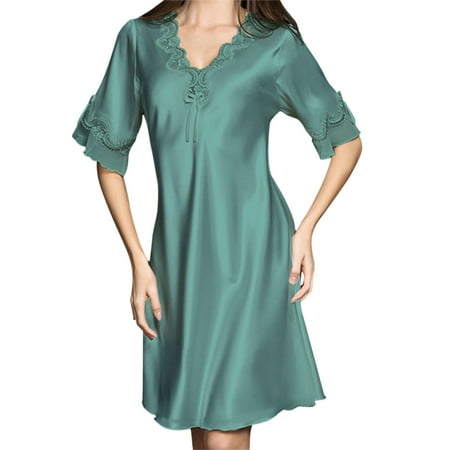 Green Women Nightgowns & Sleepshirts Women Satin Sleepwear Dress V Neck Short Sleeve Silk Nightgown Lace Sleep Lingerie Night Dress