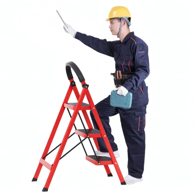 Step Ladder, 3 Step Ladder Folding Step Stool, Multi-Purpose Collapsible Ladder for Home or RV Outdoor Work, Heavy Duty 330 lbs Load (White, Red)