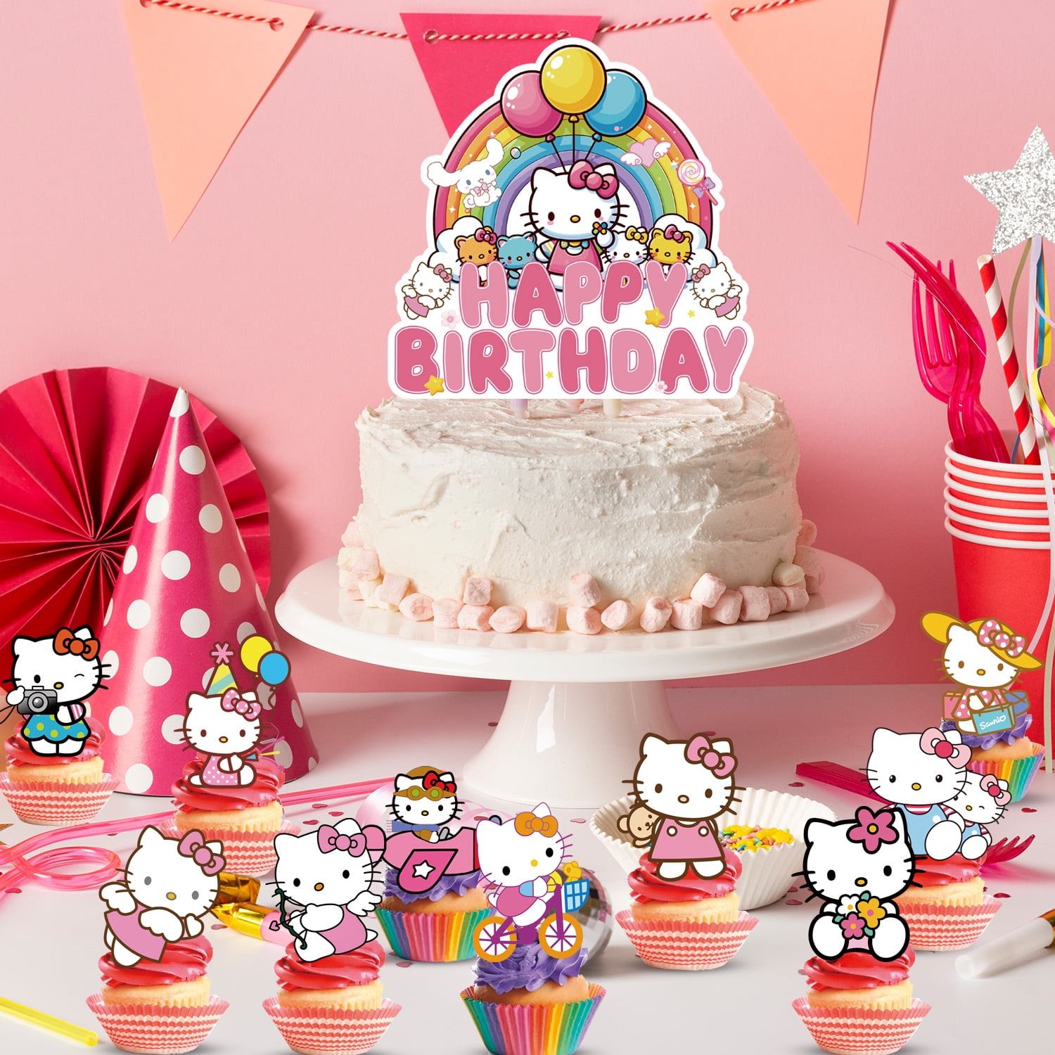 Cat Birthday Cake Decorations, 1pcs Big Cat Happy Birthday Cake Topper/Cat Theme Cake Toppers + 12pcs Cat Cupcake Toppers/Cat Birthday Party Cupcake Topper for Cat Party Decorations Supplies