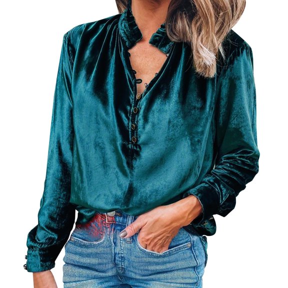 Baberdicy Women's T-Shirts Women's Spring V Neck Retro Gold Velvet Long Sleeved Blouse Womens Tops Green
