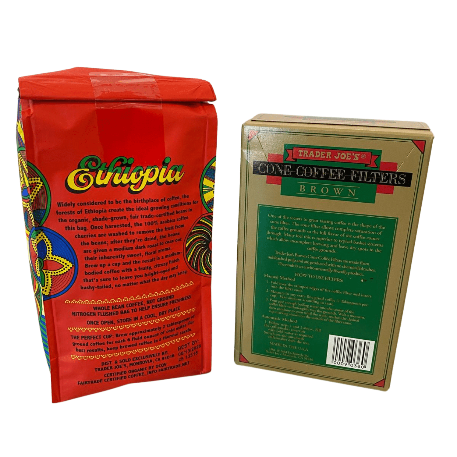 Trader Joes Organic Ethiopian Whole Bean Coffee & No. 2 Cone Coffee Filters  Medium Dark Roast Arabica, 13 oz - Pack of 2