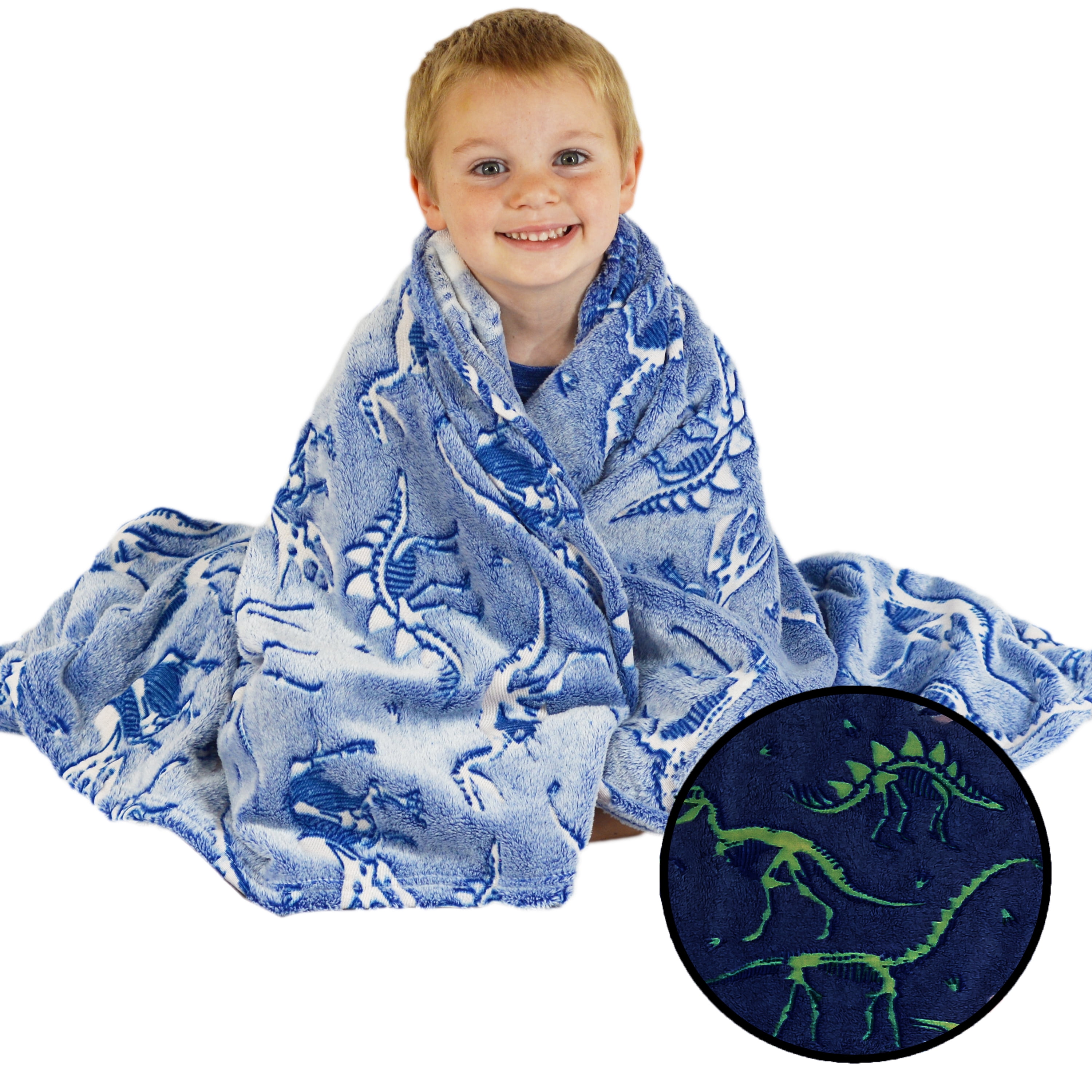 Dinosaur Blanket Glow in The Dark Luminous Dino Blanket for Kids - Soft Plush Blue T-Rex Blanket Throw for Boys and Girls - Large 60in x 50in Glowing Jurassic Dinosaur Fossil Gift Dino Bones Blan