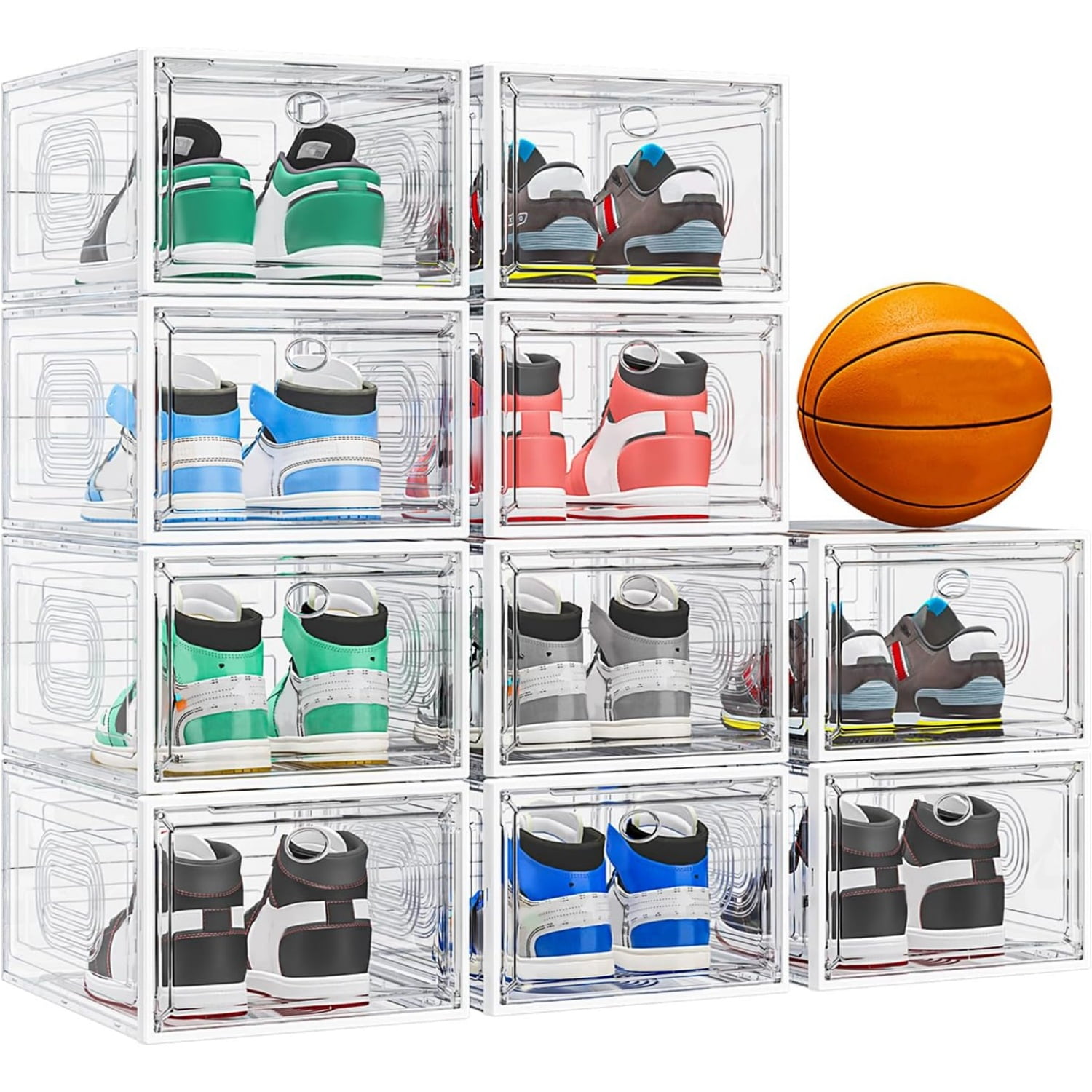 10 Pack Thicken Shoe Organizer Stackable Upgraded Sturdy Shoe Storage Box with Magnetic Door Shoe Containers For Sneaker Display Hat Organizer White